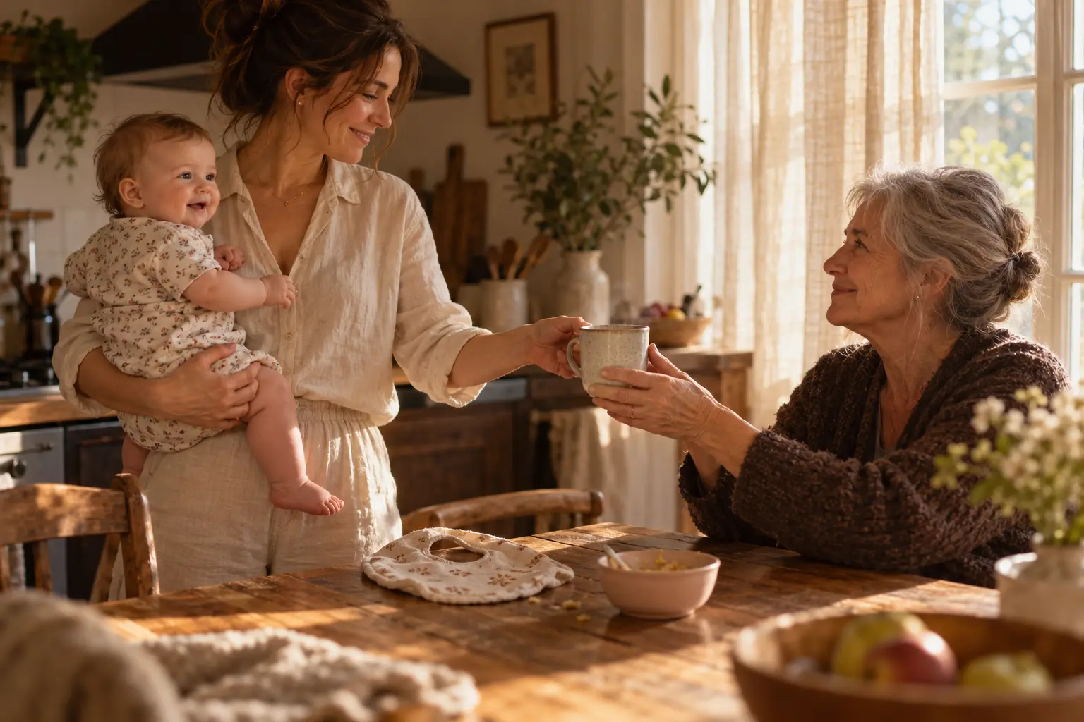 Morning in a kitchen: one adult holds a baby on their hip and hands a mug to a grandparent.