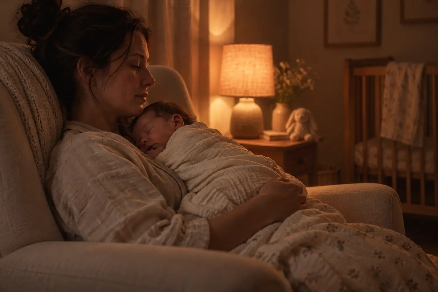 A parent in an armchair at night, a sleeping newborn on their chest, lit by a small peach lamp.