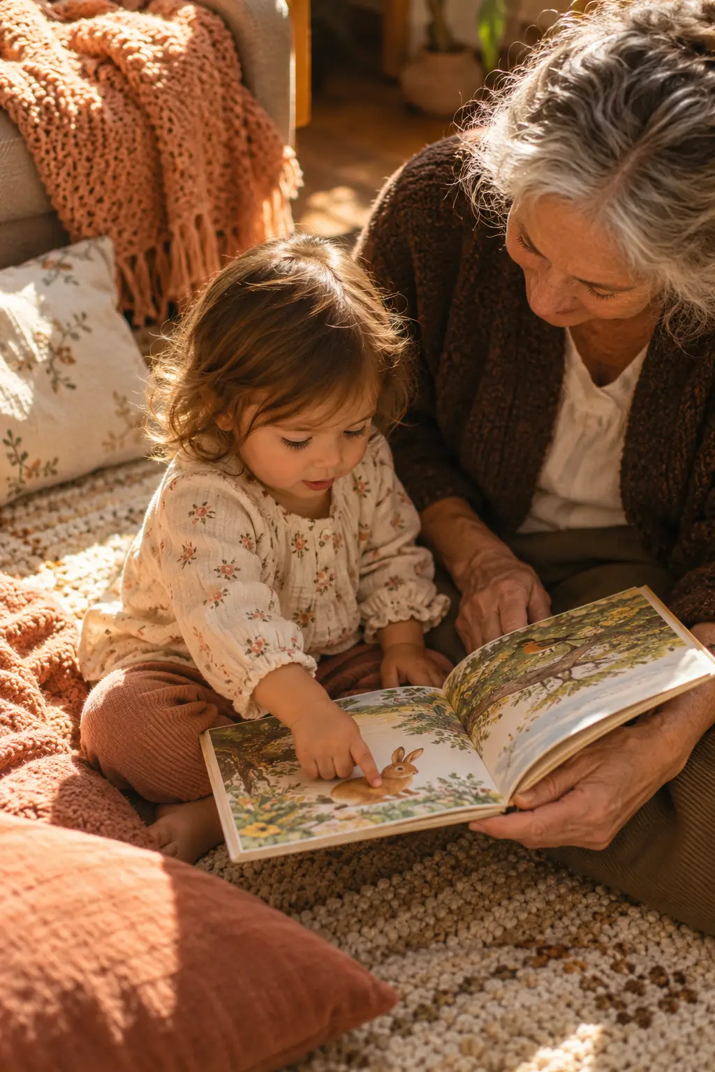 A toddler points at a rabbit in a picture book while a grandparent holds it open.